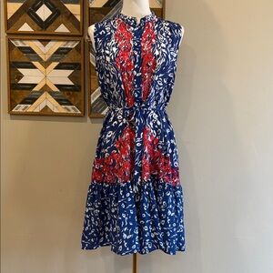 SALONI Silk Sleeveless High-Neck Printed Tie Mini Dress Blue Red size 2